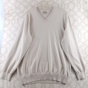 LL Bean Sweater Mens Large Beige Fleece Long Sleeve Pullover V Neck